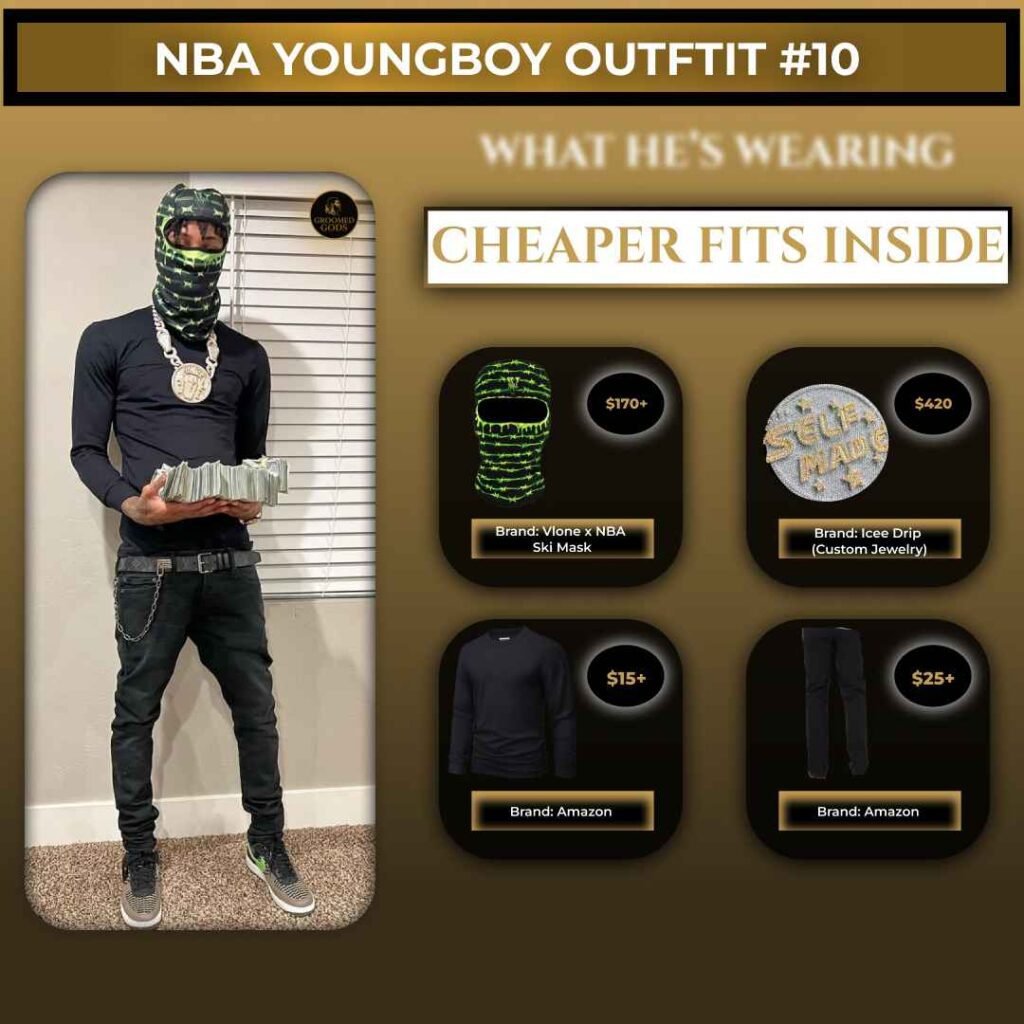 NBA YoungBoy outfit wearing Vlone x NBA ski mask, Icee Drip custom chain, and Amazon black shirt and pants