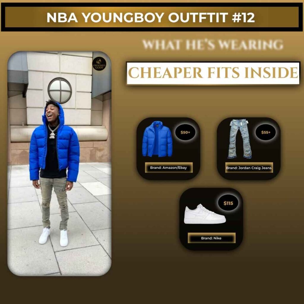 NBA YoungBoy outfit wearing a blue puffer jacket, slim jeans, and white Nike sneakers
