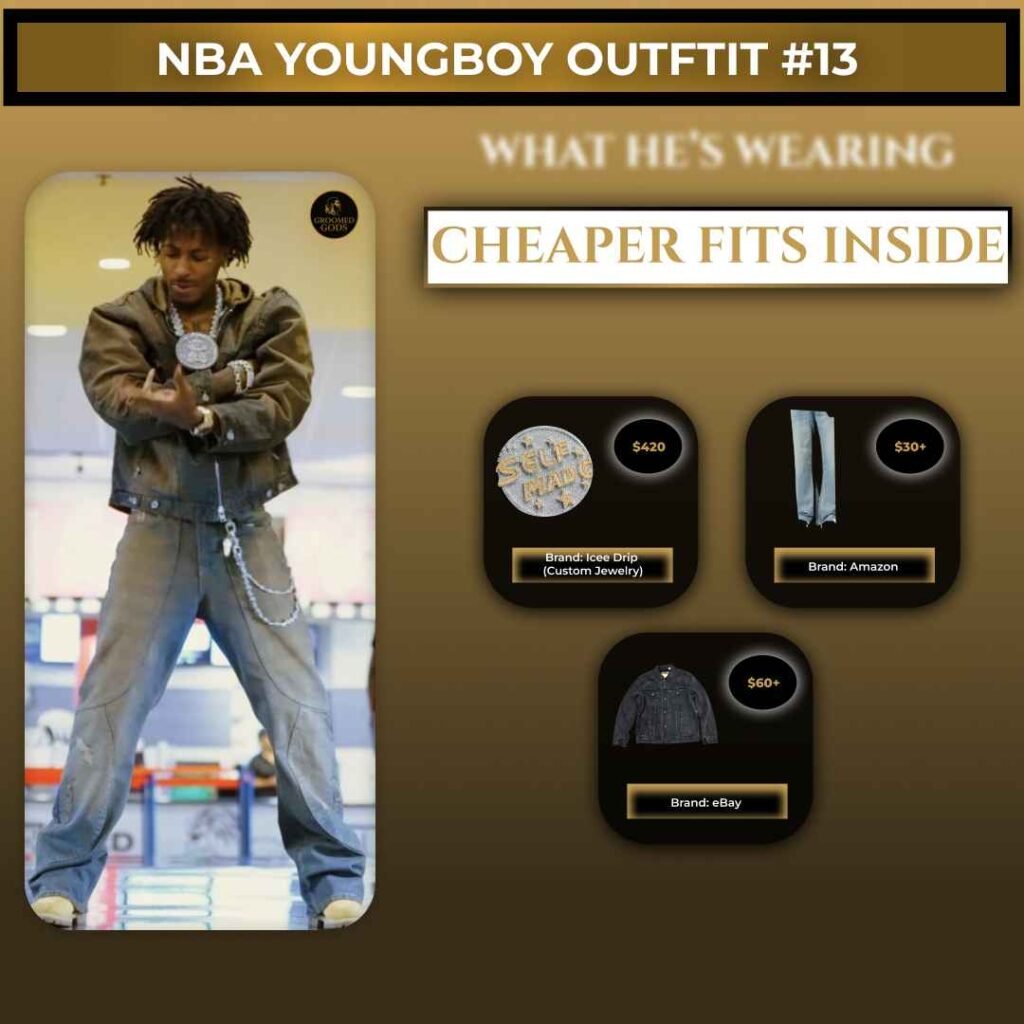 NBA YoungBoy outfit wearing a brown jacket, loose-fit jeans, and chain jewelry