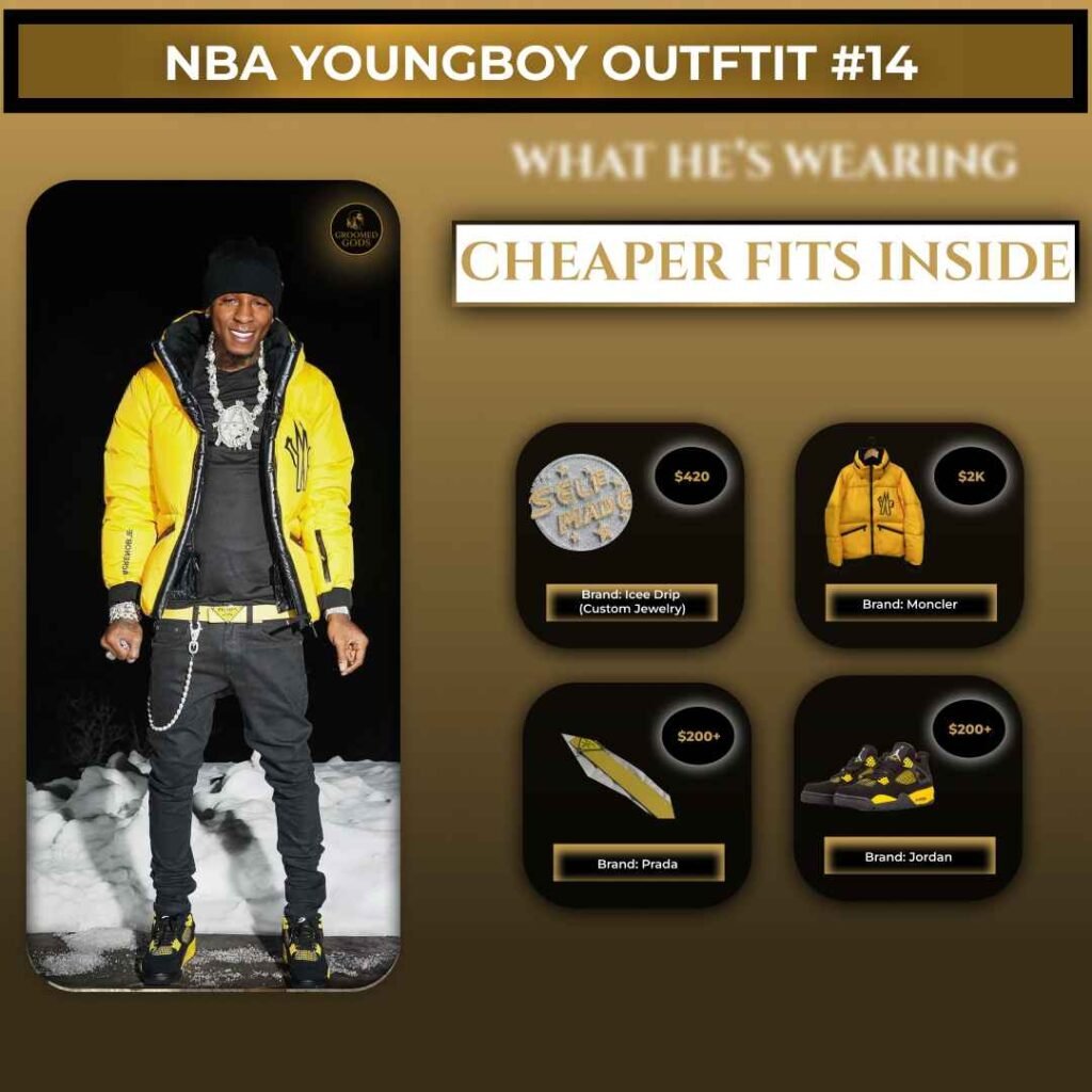 NBA YoungBoy wearing a yellow Moncler jacket with black jeans, black and yellow Jordans, and diamond jewelry