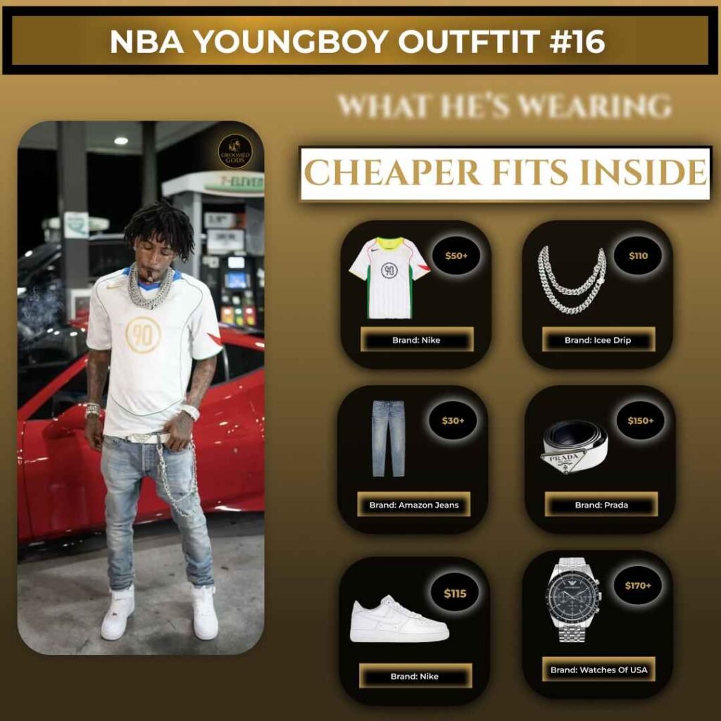 NBA YoungBoy wearing a white Nike t-shirt, silver Icee Drip chain, light blue Amazon jeans, black Prada belt, and white Nike sneakers