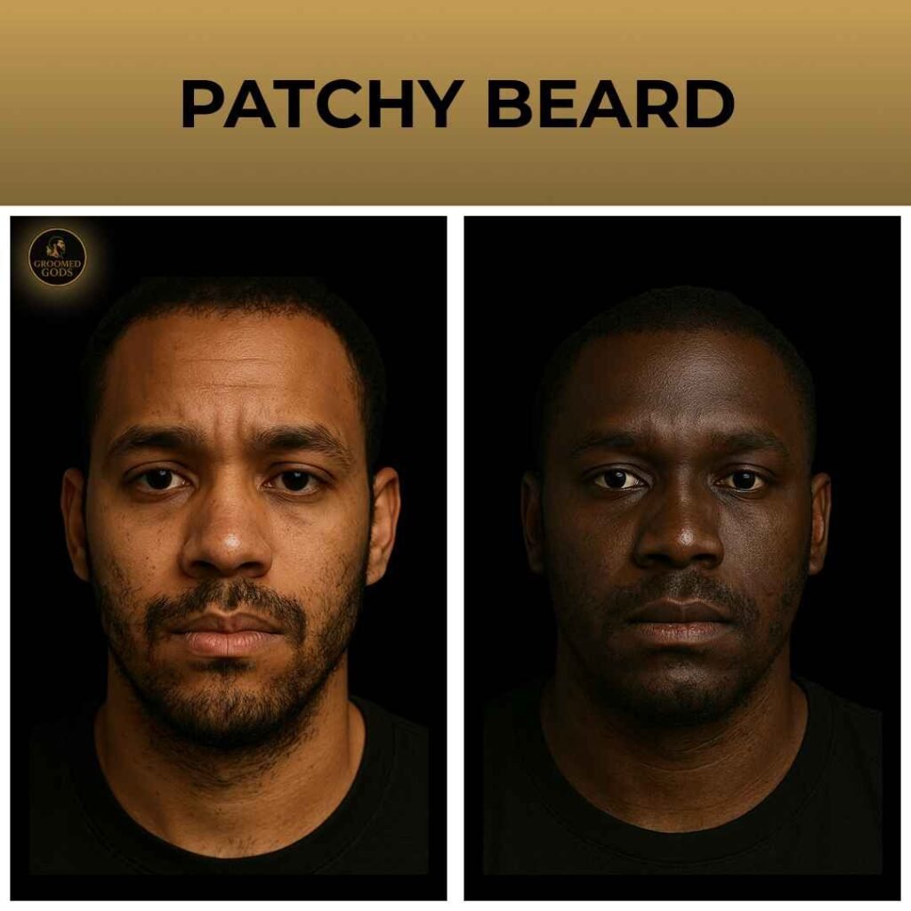 Patchy beard style on Black men showing uneven beard growth and natural facial hair pattern