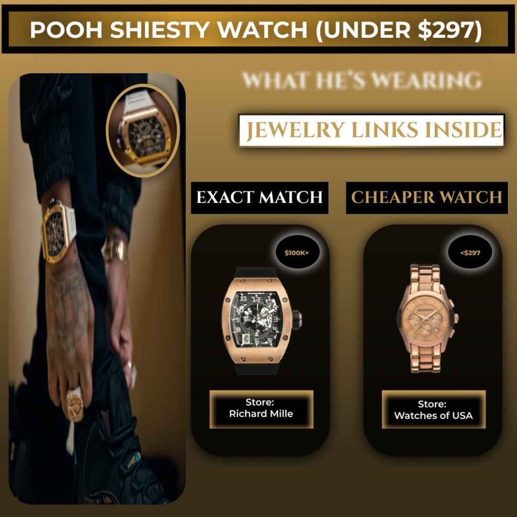 Pooh Shiesty wearing a Richard Mille watch with a budget alternative under $297 from Watches of USA.