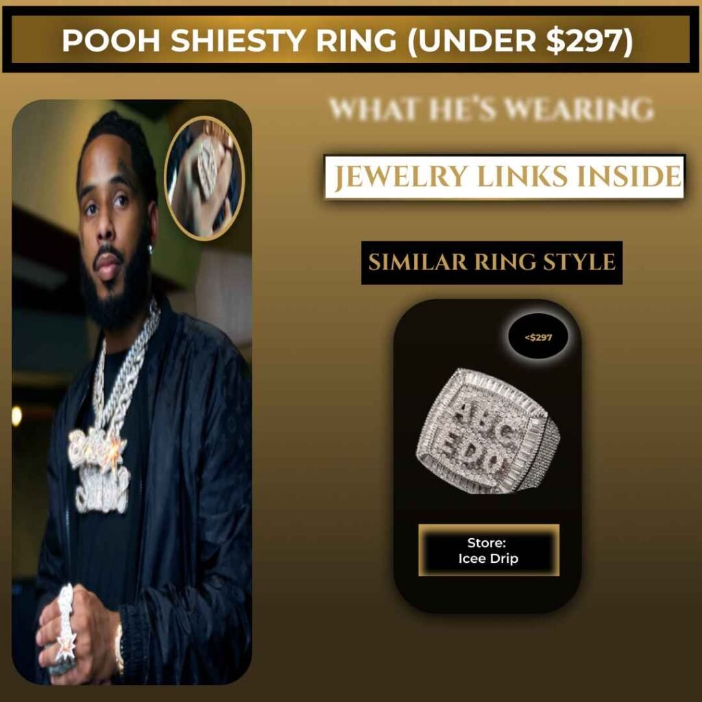 Pooh Shiesty wearing a diamond custom letter ring, with a similar iced-out ring from Icee Drip priced under $297.