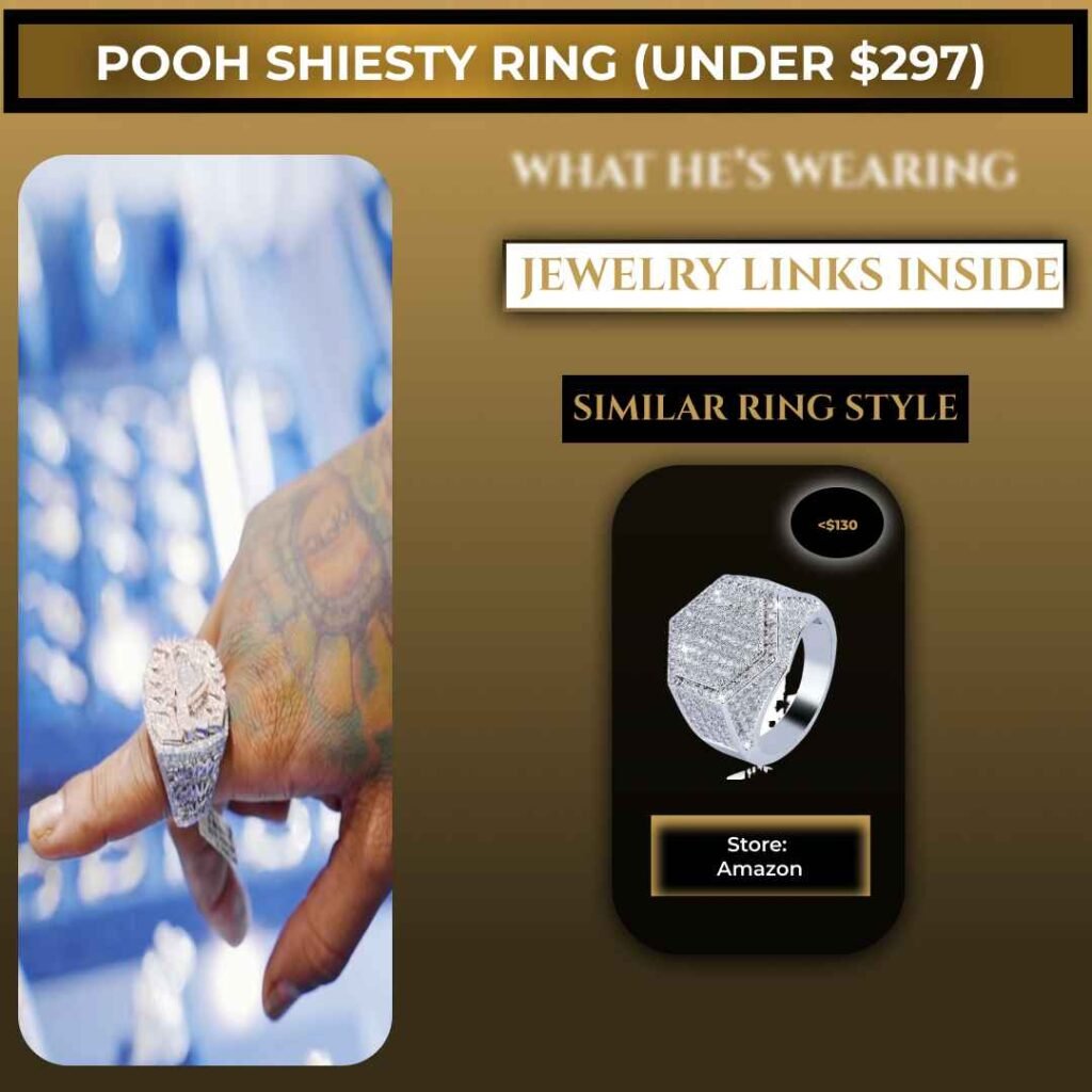 Groomed Gods graphic showing Pooh Shiesty wearing a diamond-style ring, with a similar affordable ring option under $297, highlighting Groomed Gods jewelry recommendations and Amazon shopping links.