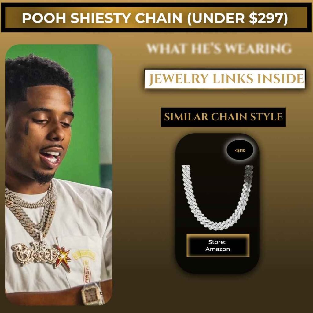 Pooh Shiesty wearing a diamond Cuban chain necklace, with a similar affordable Cuban chain option under $297 from Amazon featured by Groomed Gods.