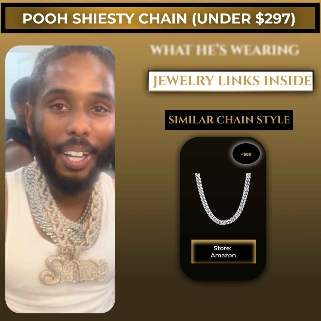 Pooh Shiesty wearing a diamond Cuban chain necklace, with a similar affordable Cuban chain style under $297 from Amazon featured by Groomed Gods.