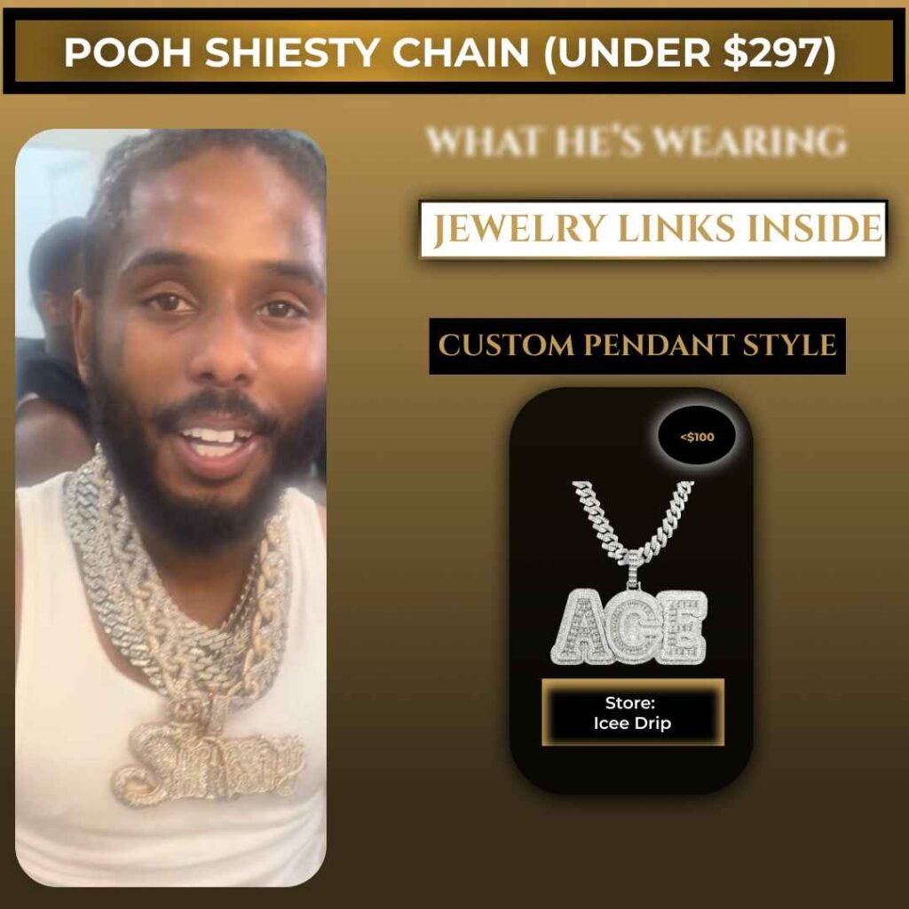 Pooh Shiesty wearing a thick diamond Cuban chain with a custom pendant, alongside an affordable Icee Drip Cuban chain alternative under $297 featured by Groomed Gods.