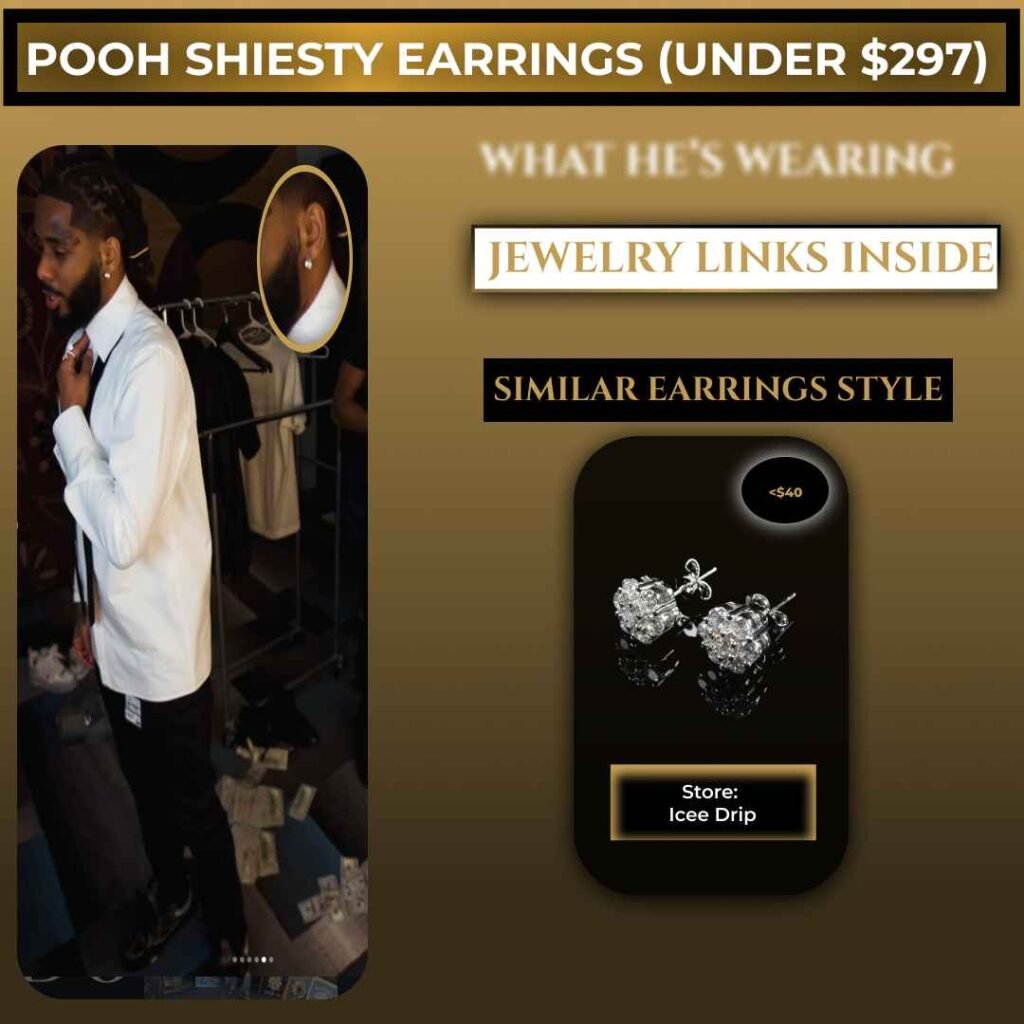 Pooh Shiesty wearing diamond stud earrings, with a highlighted close-up and a budget-friendly Icee Drip earrings alternative under $297 shown alongside his original jewelry look.