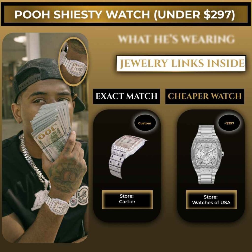Pooh Shiesty wearing an iced silver octagonal watch with diamond bracelet, budget watch comparison graphic