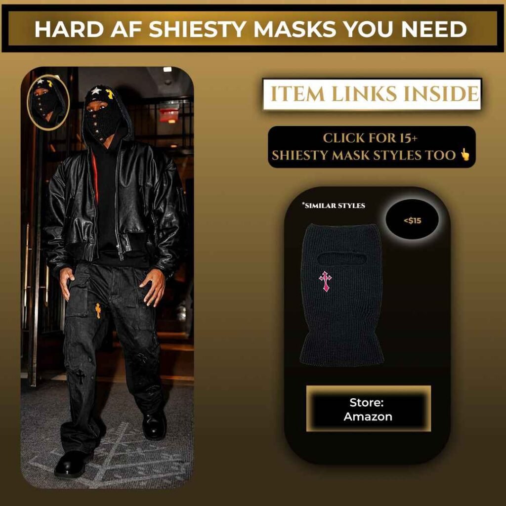 Shai Gilgeous-Alexander wearing a black ski mask balaclava with a black leather jacket and black pants outdoors