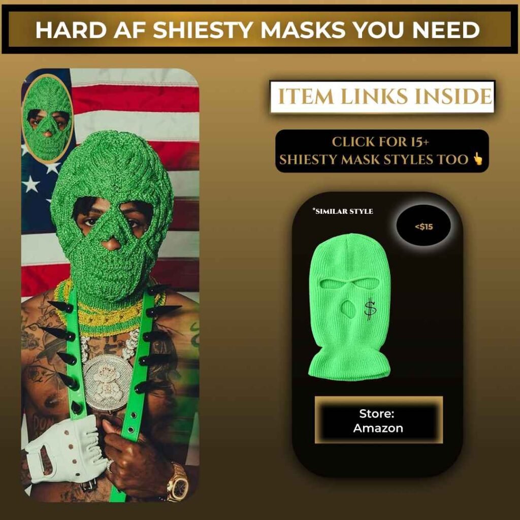 NBA YoungBoy wearing a green shiesty mask balaclava with layered chains