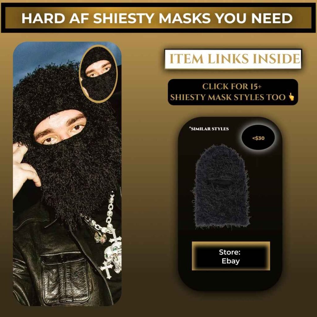 Yeat wearing a black fuzzy shiesty mask balaclava with a leather jacket and silver chain