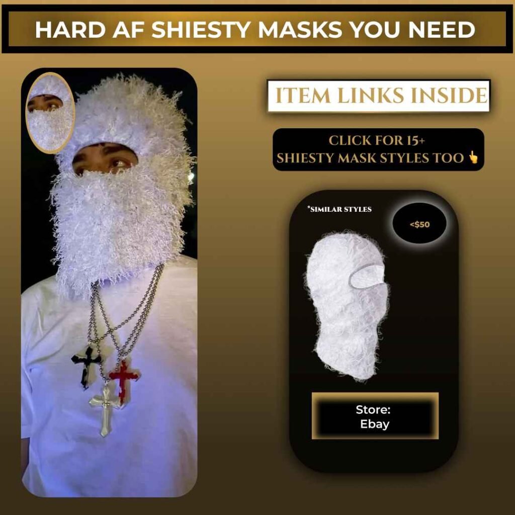 Yeat wearing a white fuzzy shiesty mask balaclava with layered chain necklaces