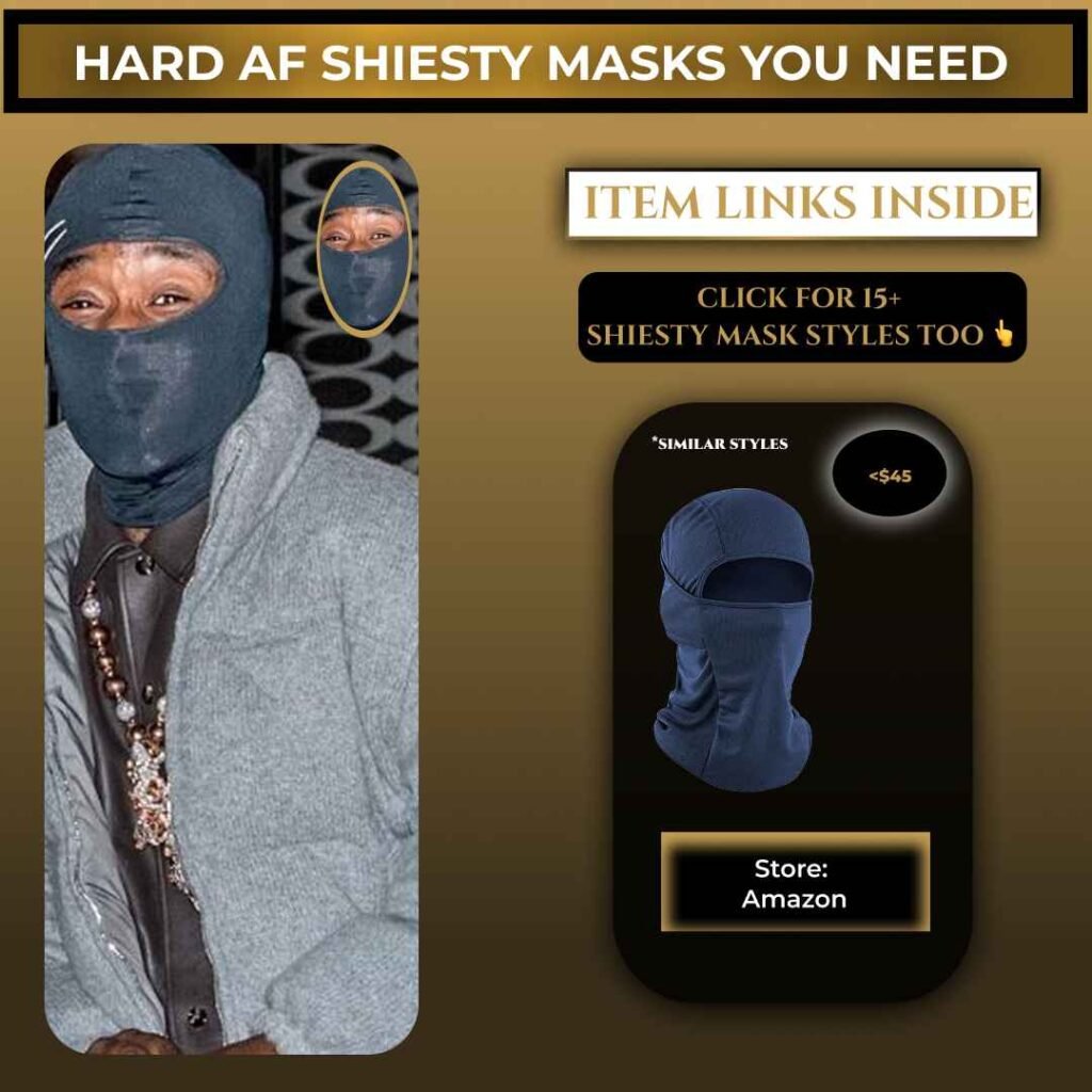 Lil Uzi Vert wearing a dark blue shiesty mask balaclava with a gray jacket and chain necklace