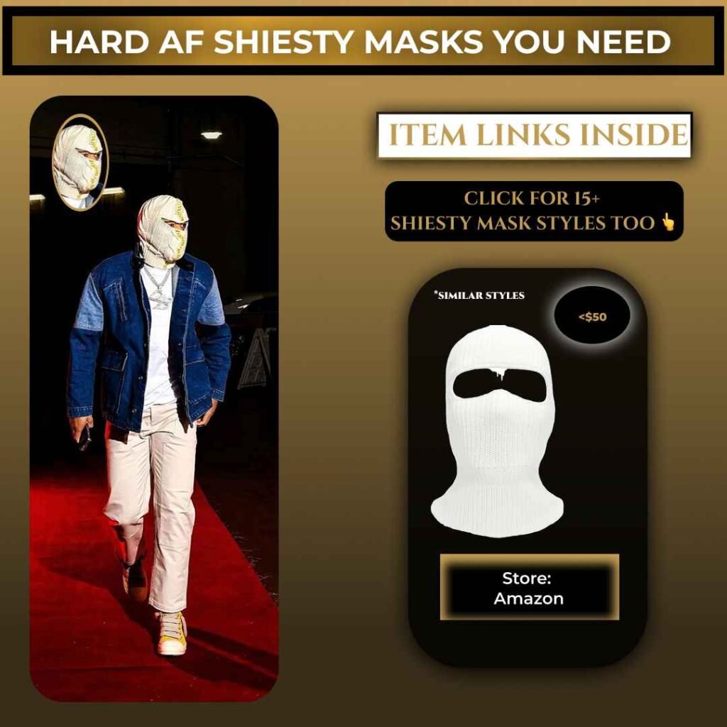 Dillon Brooks wearing a white shiesty mask balaclava with a denim jacket, white pants, and sneakers on a red carpet