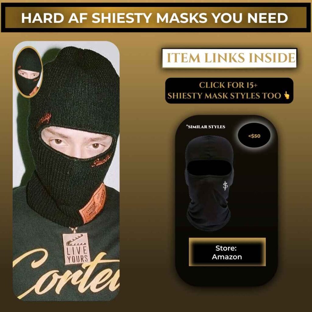 Central Cee wearing a black shiesty mask balaclava with a green Corteiz shirt