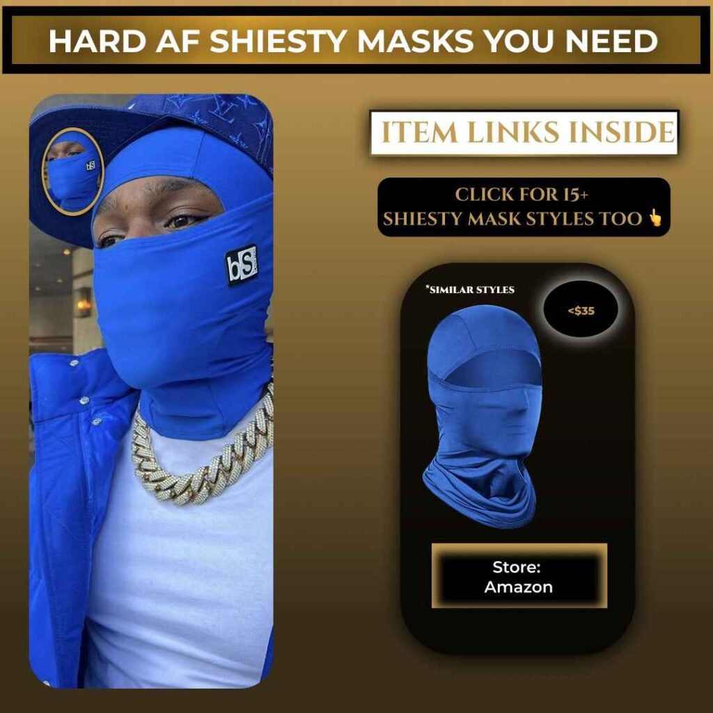 DaBaby wearing a blue shiesty ski mask and matching outfit, with a graphic showing similar balaclava styles available to shop online.