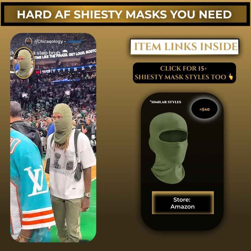 Lil Durk wearing a green shiesty ski mask at a basketball game, with a graphic showing similar balaclava styles available on Amazon.