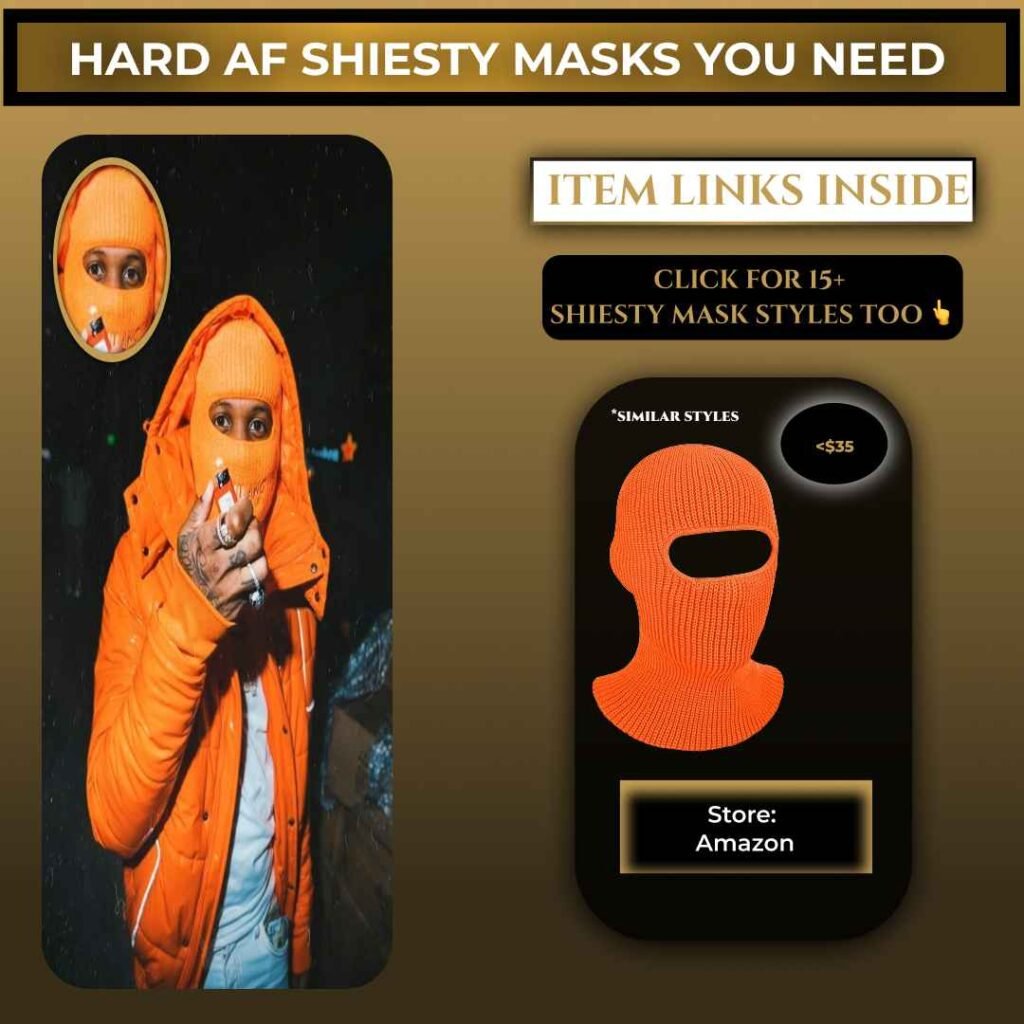 Lil Durk wearing an orange shiesty ski mask, with a graphic showing similar balaclava styles available online.