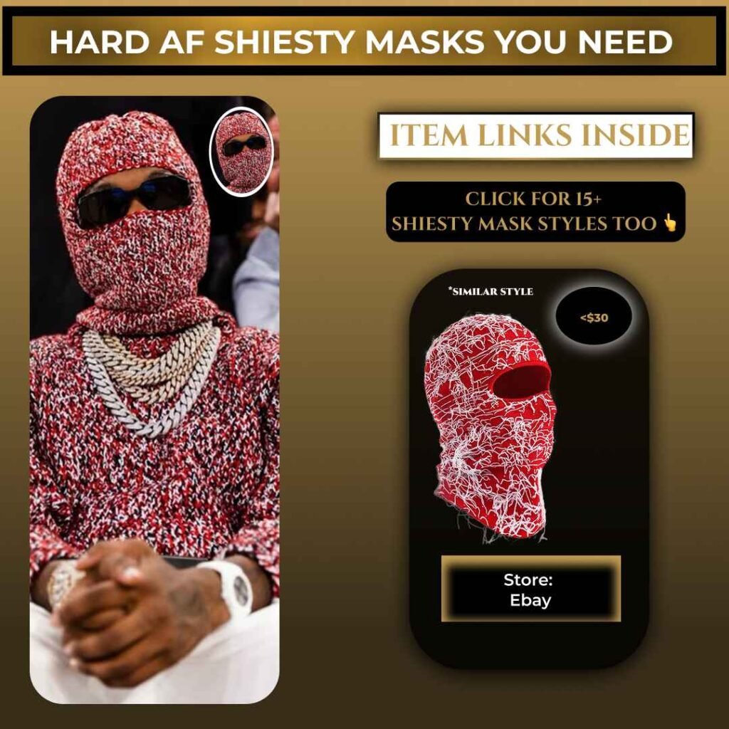 Red and white knitted balaclava ski mask with full face coverage and eye opening.