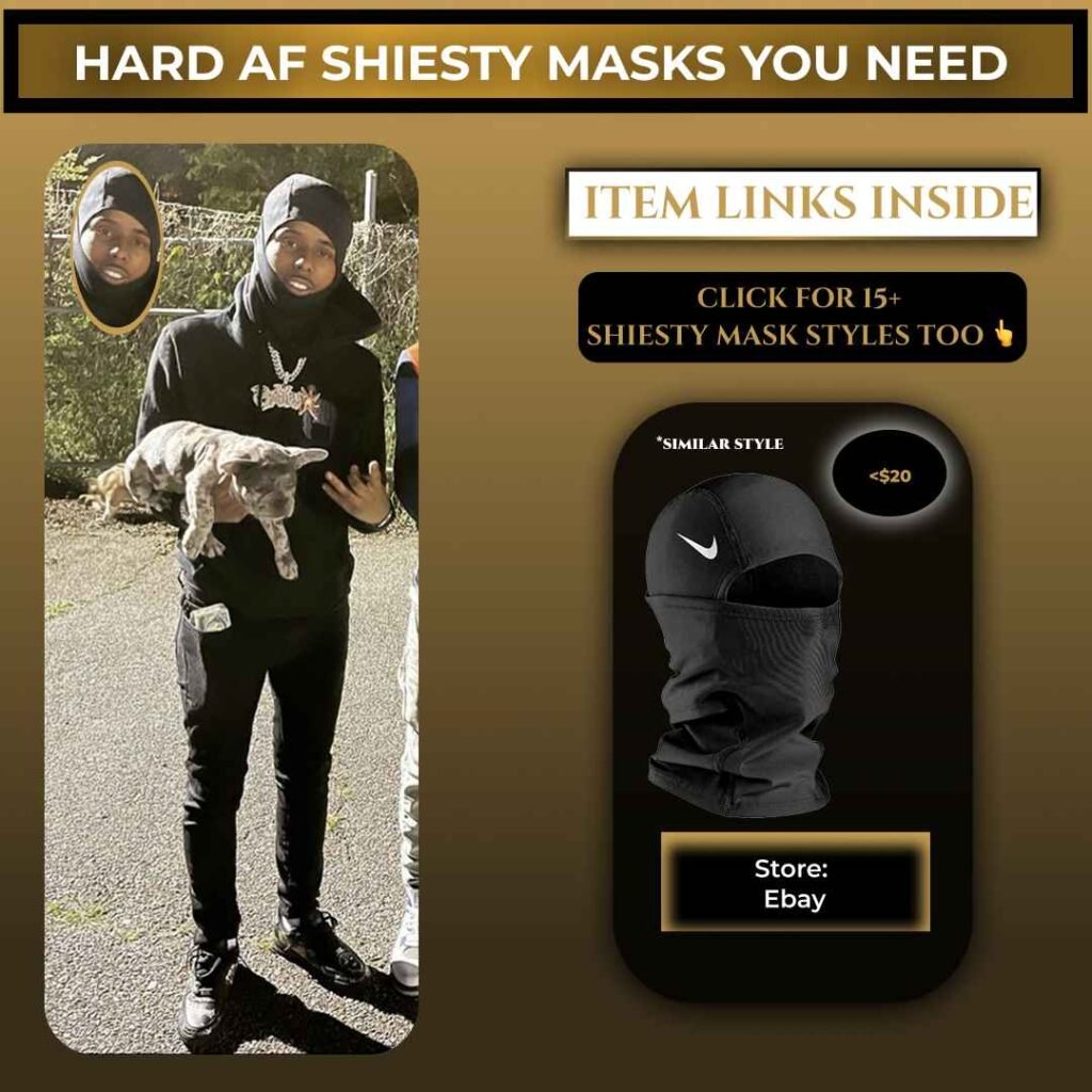 Pooh Shiesty wearing a black ski mask balaclava with an all black outfit and chain necklace