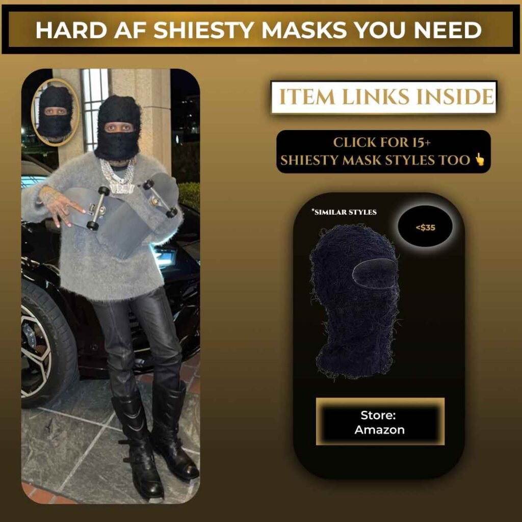 Lil Durk wearing a black shiesty mask balaclava with a gray sweater, leather pants, and boots