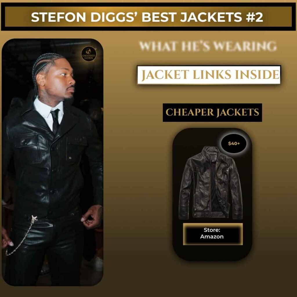 Stefon Diggs wearing a black leather jacket with exact match and cheaper Amazon jacket alternatives shown
