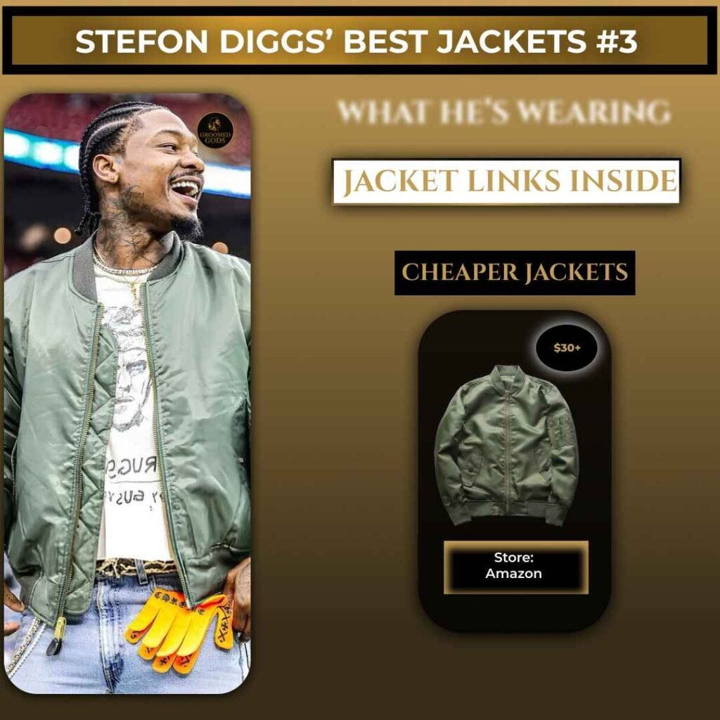 Stefon Diggs wearing a green bomber jacket with exact match and cheaper Amazon jacket alternative