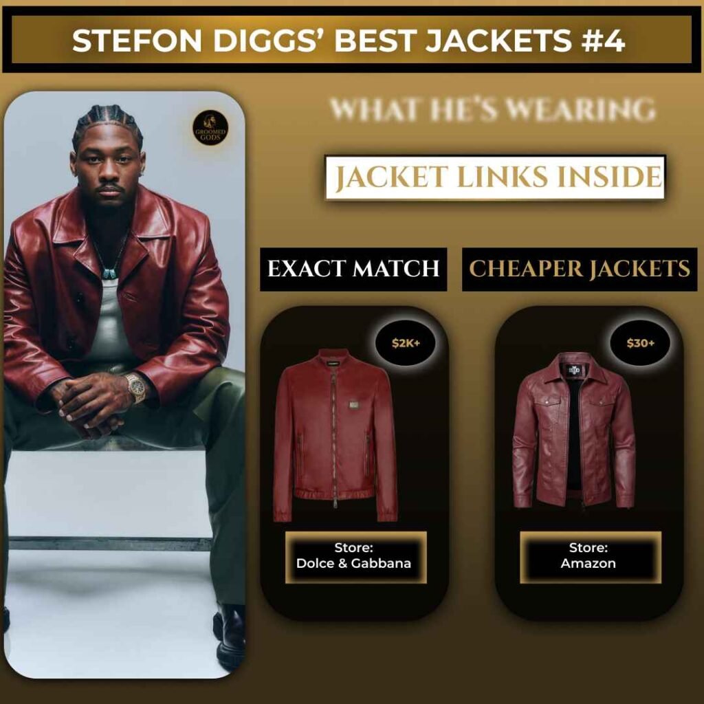 Stefon Diggs wearing a red leather jacket with exact Dolce & Gabbana match and cheaper Amazon alternative