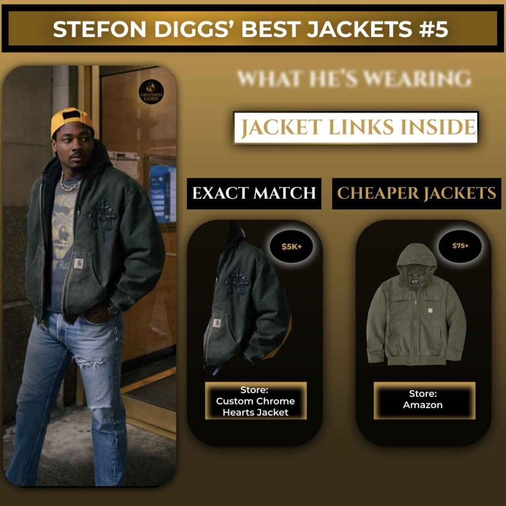 Stefon Diggs wearing a green hooded jacket with exact match and cheaper Amazon alternative