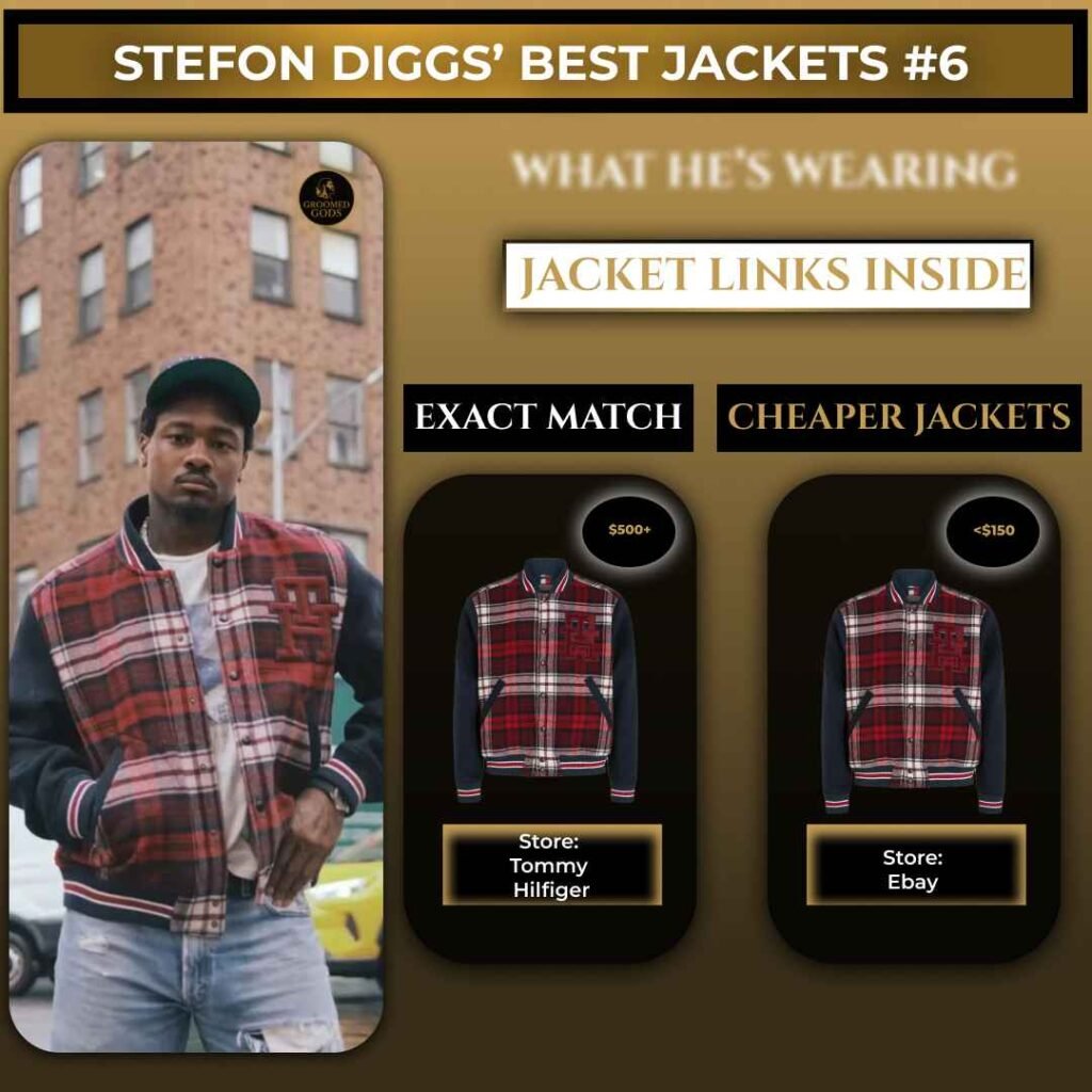 Stefon Diggs wearing a red plaid varsity jacket with exact match and cheaper eBay alternative