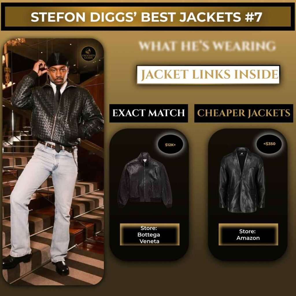 Stefon Diggs wearing a black leather jacket with exact Bottega Veneta match and cheaper Amazon alternative