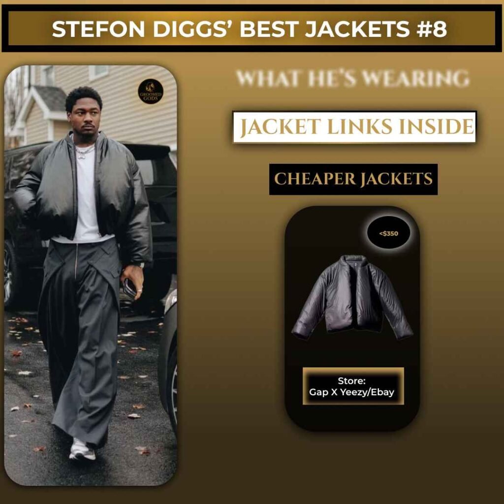 Stefon Diggs wearing a black bomber jacket with exact Gap x Yeezy style and cheaper eBay look