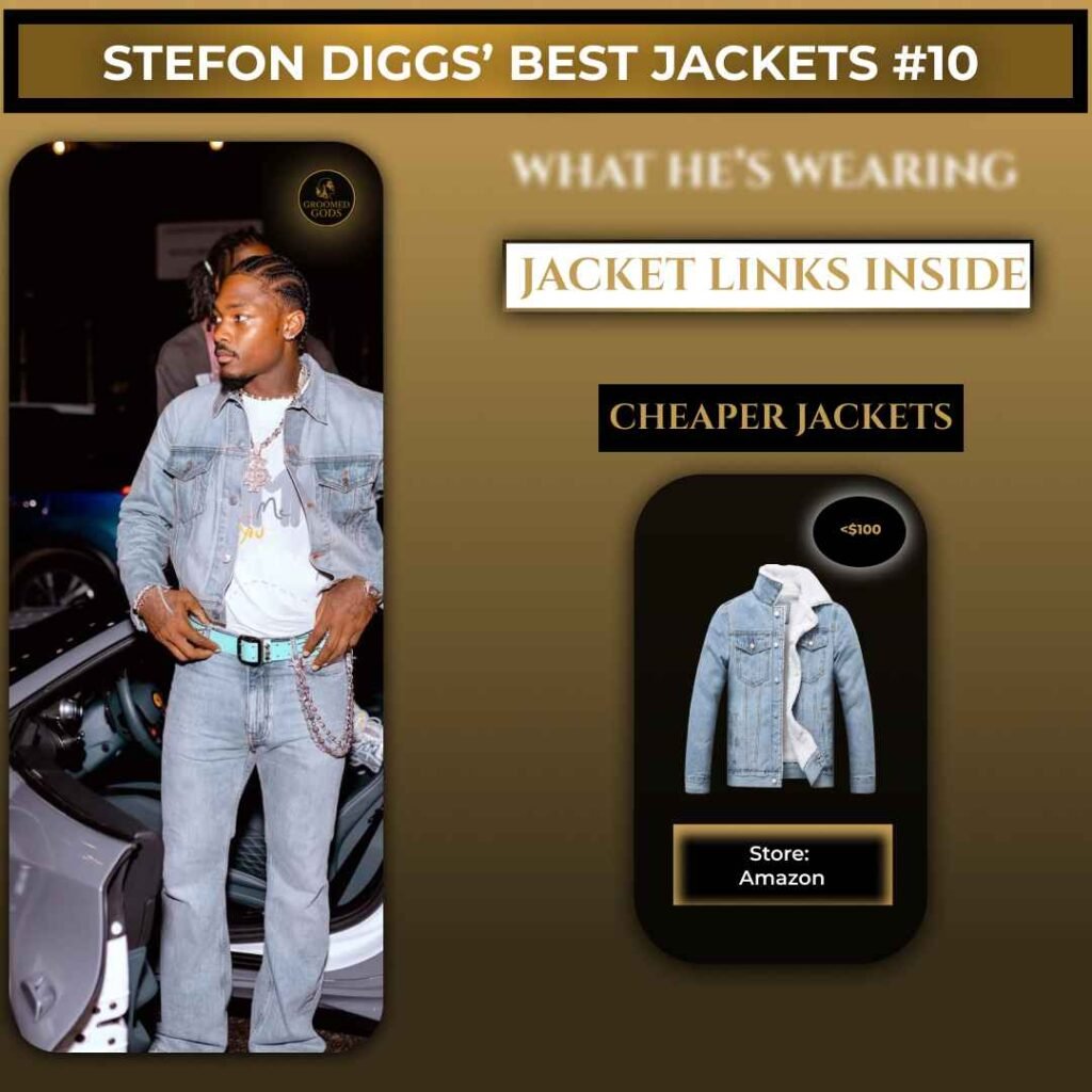Stefon Diggs wearing a light wash denim jacket with cheaper Amazon alternative