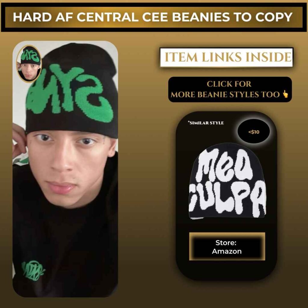 Central Cee wearing a black beanie with green logo, featuring similar affordable beanie styles to copy his look