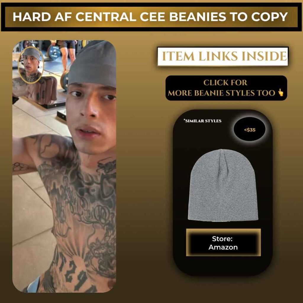 Central Cee wearing a grey beanie with a similar beanie style shown as an alternative