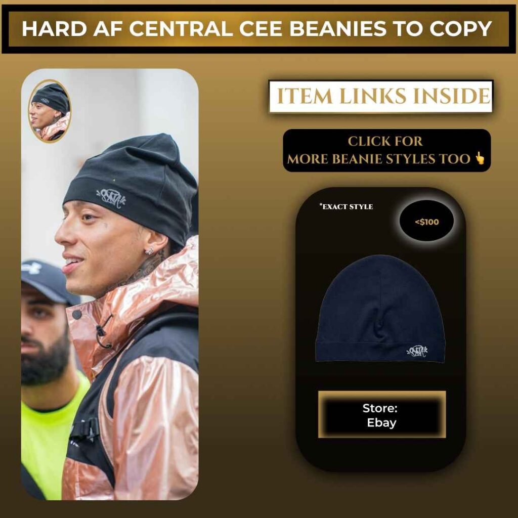 Central Cee wearing a black Syna World beanie with a small logo, a matching beanie style shown, and shopping links inside