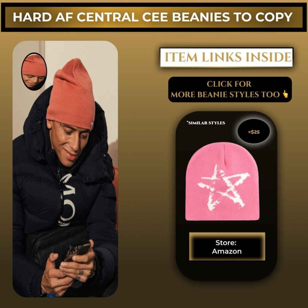 Central Cee wearing a pink beanie with similar affordable beanie style shown from Amazon