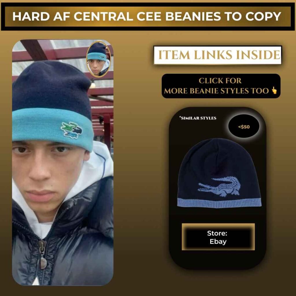Central Cee wearing a navy and light blue Lacoste beanie with logo