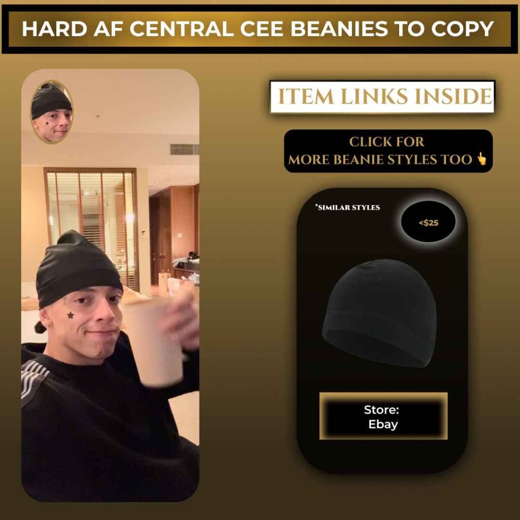 Central Cee wearing a black beanie with casual streetwear outfit indoors