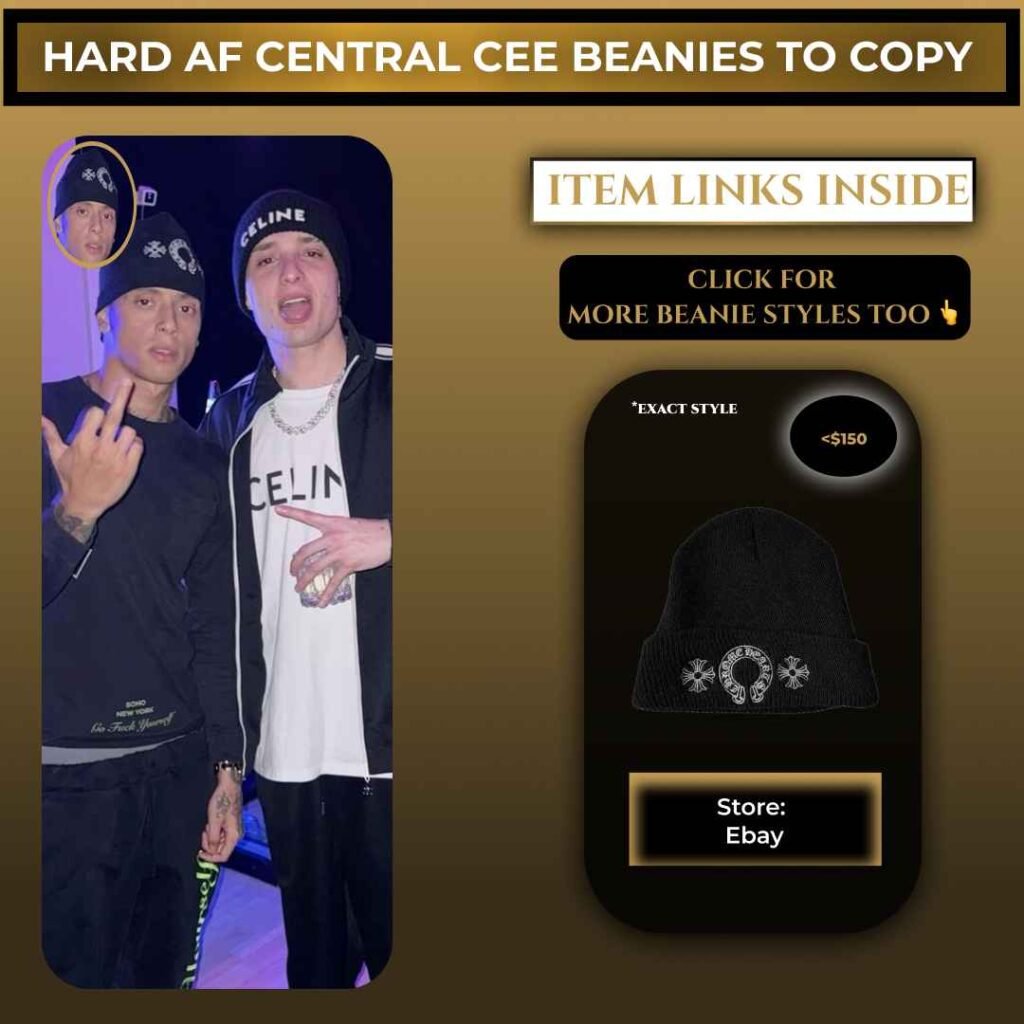 Central Cee wearing a black Chrome Hearts beanie styled with a dark streetwear outfit