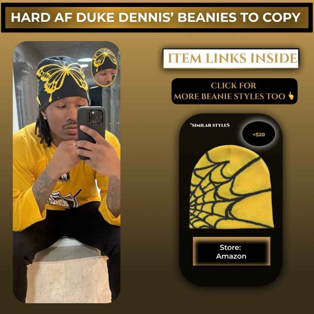 Duke Dennis wearing a black and yellow graphic beanie, with a similar affordable beanie style shown beside him