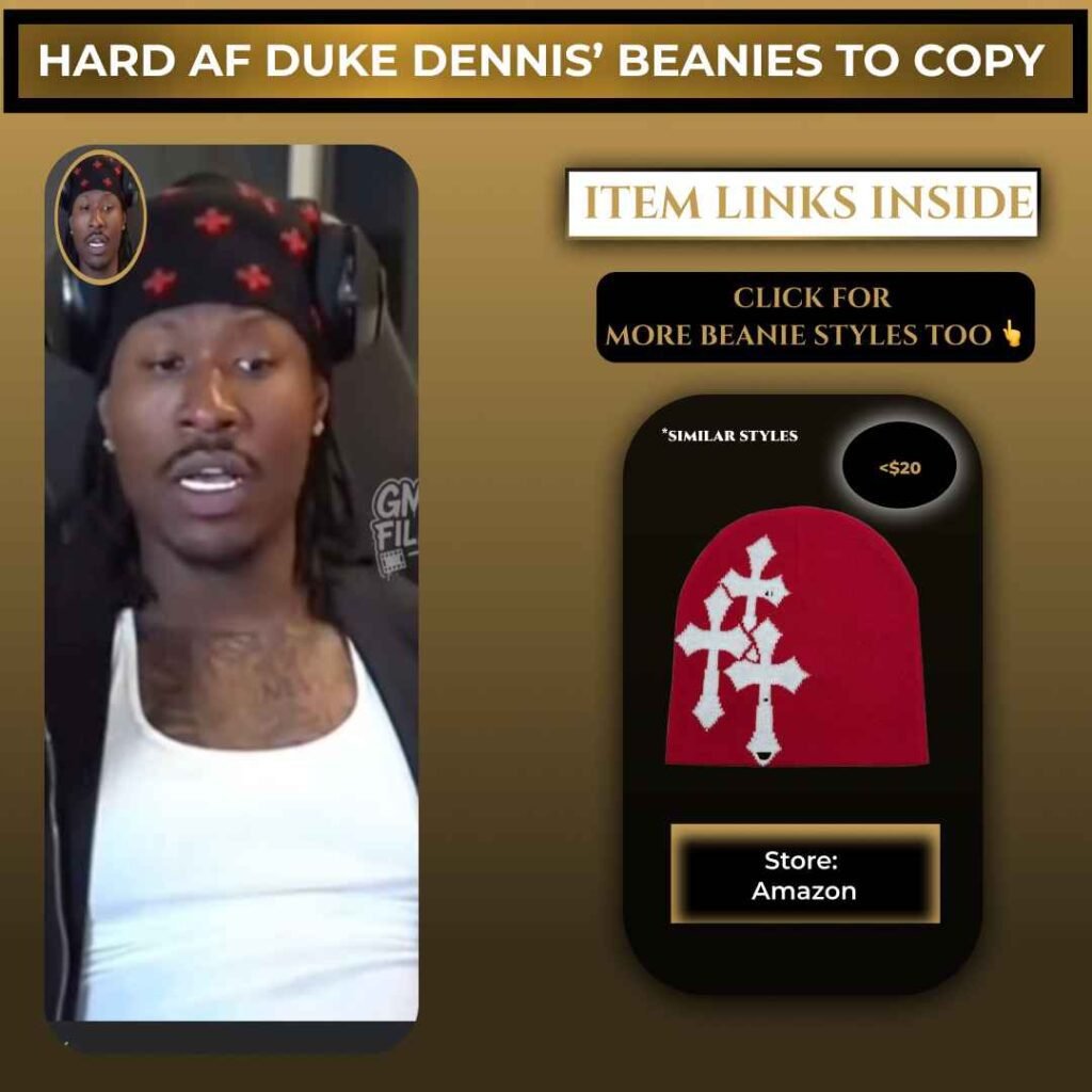 Duke Dennis wearing a black beanie with red cross pattern, with a similar red cross beanie shown as an affordable alternative