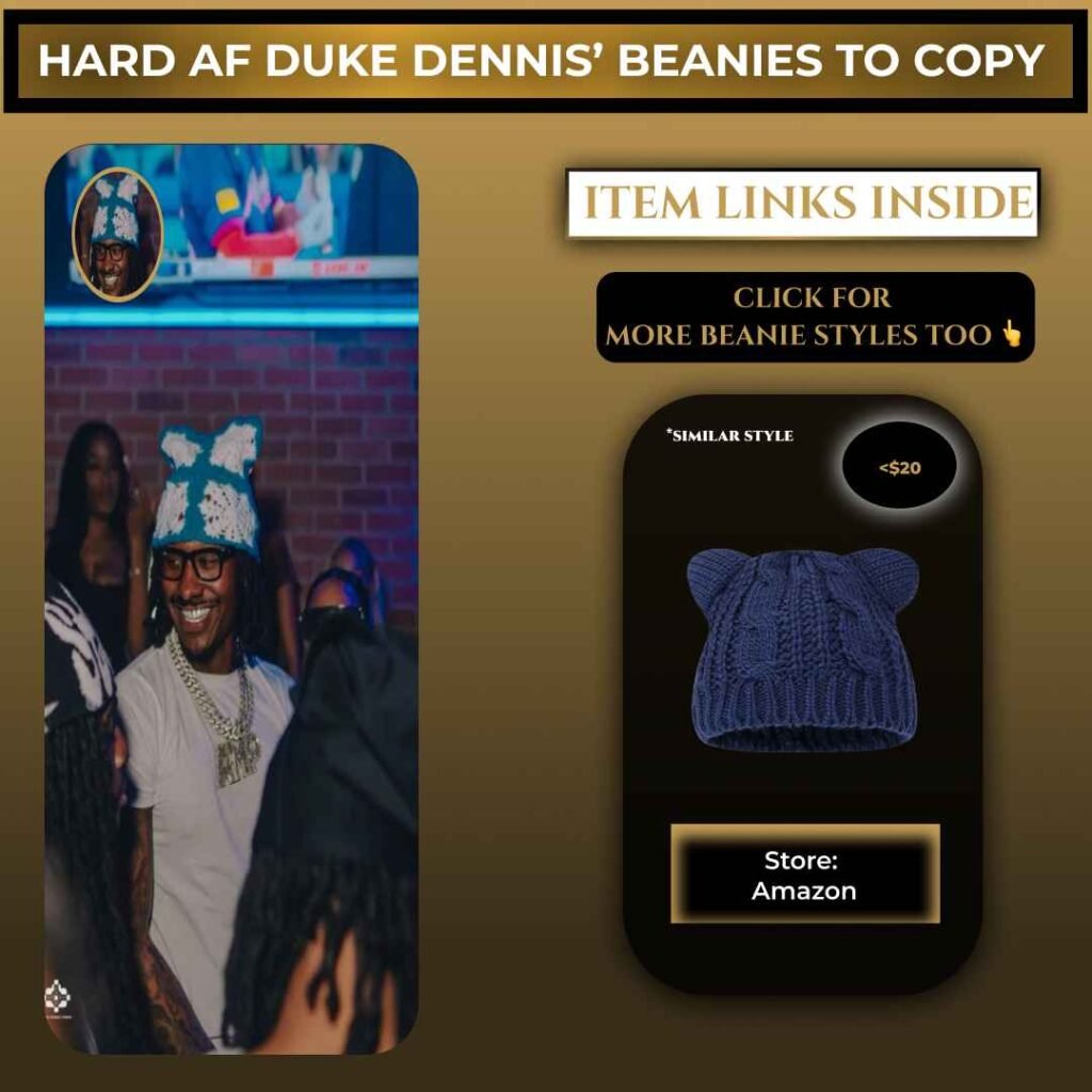 Blue cat-ear beanie similar to the beanie Duke Dennis wears