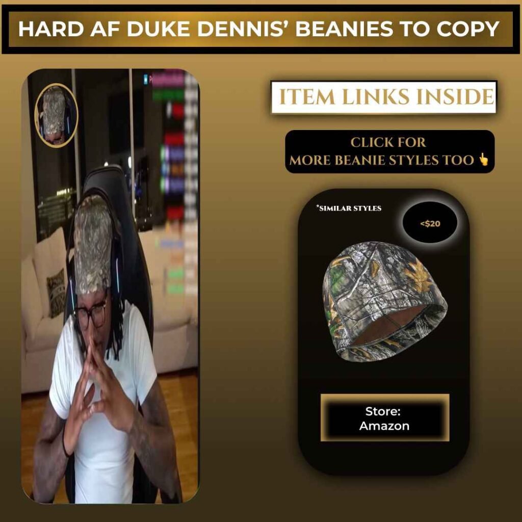 Duke Dennis wearing a camouflage skull cap beanie during a livestream