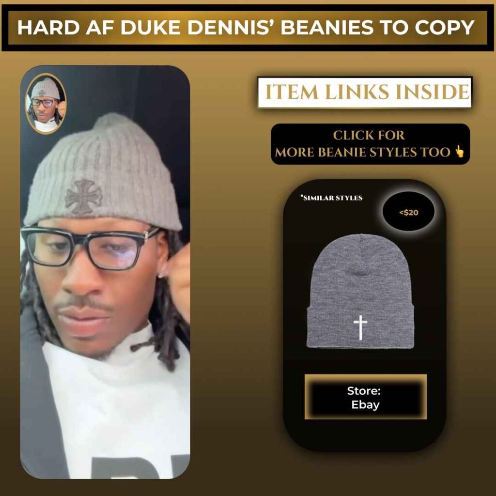 Duke Dennis wearing a gray skull cap beanie with a cross logo during a livestream
