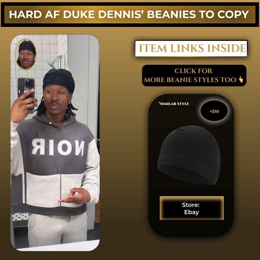 Duke Dennis wearing a black beanie, taking a mirror selfie in a casual streetwear outfit
