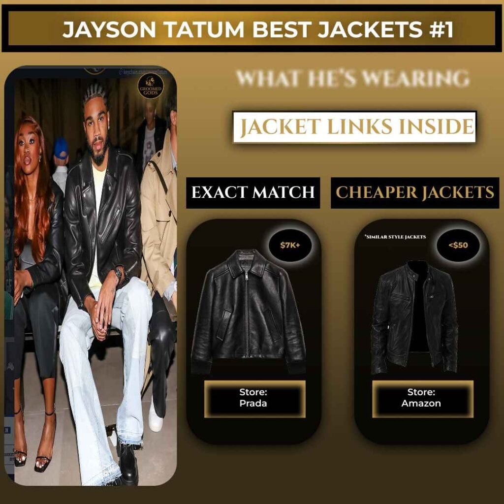 Jayson Tatum wearing a black leather jacket with exact match and cheaper jacket options displayed