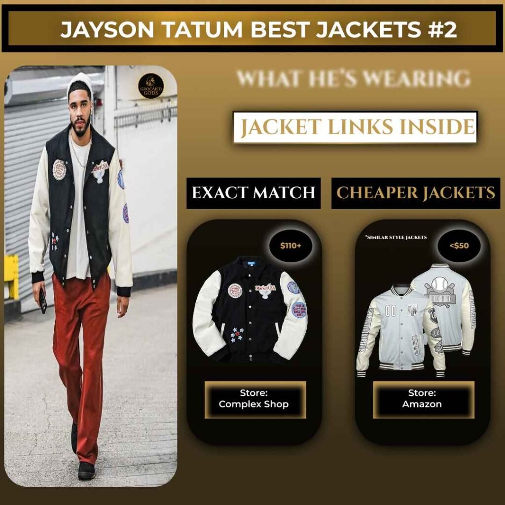 Jayson Tatum wearing a black and white varsity jacket with exact match and cheaper jacket options shown